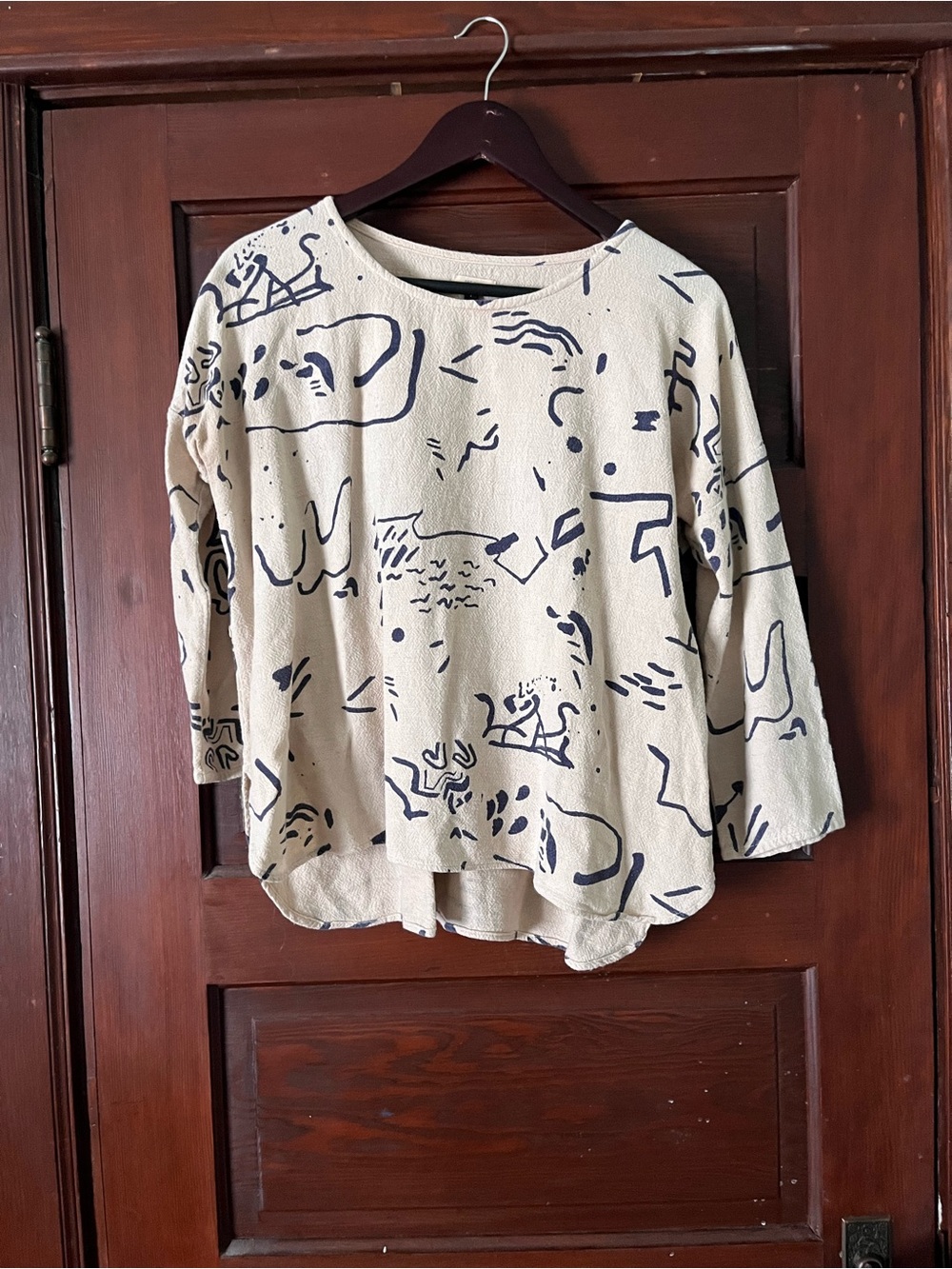 See Sun Abstract Print Cream Scoop Neck Women's Top